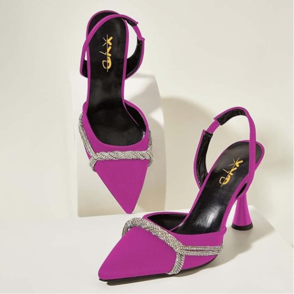 XYD Magenta Pointed Toe Flared High Heels Slingback Strap Rhinestone Sandal